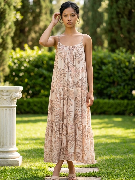 blue island Dresses & Skirts - Blue Island Tiered Maxi Dress Beige Floral Tassel Tie Straps Tropical Resortwear